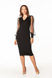 Elegant Midi Dress with Pointed Neckline and Tulle Sleeves