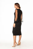 Elegant Midi Dress with Pointed Neckline and Tulle Sleeves