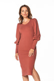 Knee-Length Midi Dress with Boat Neckline and Long Sleeves