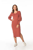 Knee-Length Midi Dress with Boat Neckline and Long Sleeves