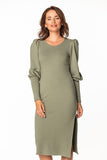 Knitted Midi Dress with Boat Neckline and Long Sleeves