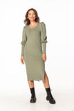 Knitted Midi Dress with Boat Neckline and Long Sleeves