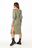 Knitted Midi Dress with Boat Neckline and Long Sleeves