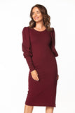 Knitted Midi Dress with Boat Neckline and Long Sleeves