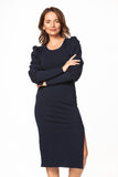 Knitted Midi Dress with Boat Neckline and Long Sleeves
