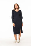 Knitted Midi Dress with Boat Neckline and Long Sleeves
