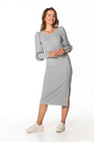 Knitted Midi Dress with Boat Neckline and Long Sleeves