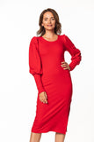 Knitted Midi Dress with Boat Neckline and Long Sleeves