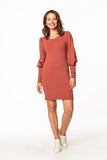 Knitted Mini Dress with Boat Neckline and Long Sleeves