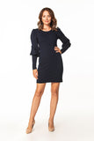 Knitted Mini Dress with Boat Neckline and Long Sleeves