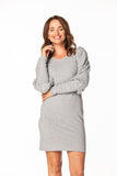 Knitted Mini Dress with Boat Neckline and Long Sleeves