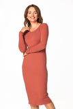 Fitted Cotton Knit Dress with Boat Neckline and Long Sleeves