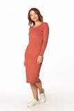 Fitted Cotton Knit Dress with Boat Neckline and Long Sleeves