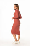 Fitted Cotton Knit Dress with Boat Neckline and Long Sleeves