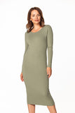 Fitted Cotton Knit Dress with Boat Neck and Long Sleeves