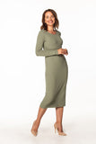 Fitted Cotton Knit Dress with Boat Neck and Long Sleeves