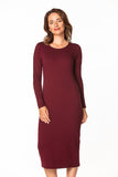 Fitted Cotton Knit Dress with Boat Neckline and Long Sleeves