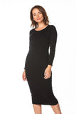 Fitted Cotton Knit Dress with Boat Neckline and Long Sleeves