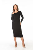 Fitted Cotton Knit Dress with Boat Neckline and Long Sleeves