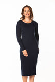 Fitted Cotton Knit Dress with Boat Neckline and Long Sleeves