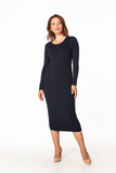 Fitted Cotton Knit Dress with Boat Neckline and Long Sleeves