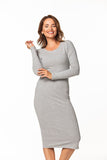 Fitted Cotton Knit Dress with Boat Neckline and Long Sleeves