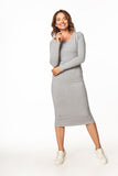 Fitted Cotton Knit Dress with Boat Neckline and Long Sleeves