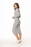 Fitted Cotton Knit Dress with Boat Neckline and Long Sleeves