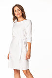 Elegant Midi Dress with Tie Waist and 3/4 Sleeves