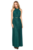 Flared Maxi Dress with Halter Neckline and Tie Belt