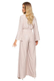 Elegant Brocade Trim Wide Leg Jumpsuit with Draping