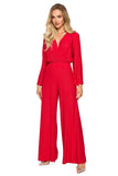 Elegant Brocade Trim Jumpsuit with Wide Legs and Sleeves