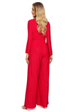 Elegant Brocade Trim Jumpsuit with Wide Legs and Sleeves