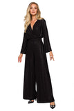 Elegant Brocade Trim Jumpsuit with Wide Legs and Sleeves