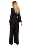 Elegant Brocade Trim Jumpsuit with Wide Legs and Sleeves