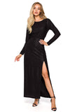 Elegant Long Brocade Evening Dress with Leg Slit and Sleeves