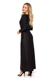 Elegant Long Brocade Evening Dress with Leg Slit and Sleeves