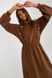 Hooded Sweatshirt Dress with Waist Elastic and Buttons