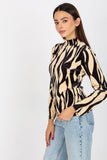 Patterned Long Sleeve Velour Blouse with Stand-Up Collar