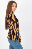 Patterned Velour Blouse with Long Sleeves and Stand-Up Collar