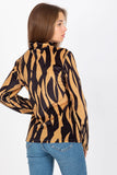 Patterned Velour Blouse with Long Sleeves and Stand-Up Collar