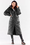 Long Quilted Coat with Hood and Pockets