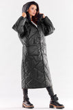 Long Quilted Coat with Hood and Pockets