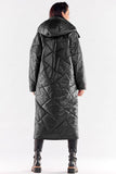 Long Quilted Coat with Hood and Pockets