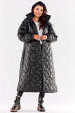 Long Quilted Hooded Coat with Slit and Ribbed Sleeves