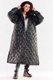 Long Quilted Hooded Coat with Slit and Ribbed Sleeves