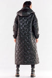 Long Quilted Hooded Coat with Slit and Ribbed Sleeves