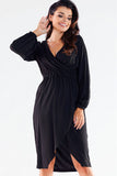 Feminine Long-Sleeved Dress with V Neckline and Slit