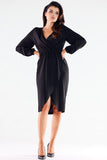Feminine Long-Sleeved Dress with V Neckline and Slit
