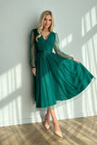 Chic Midi Dress with Flared Layered Skirt and Mesh Details